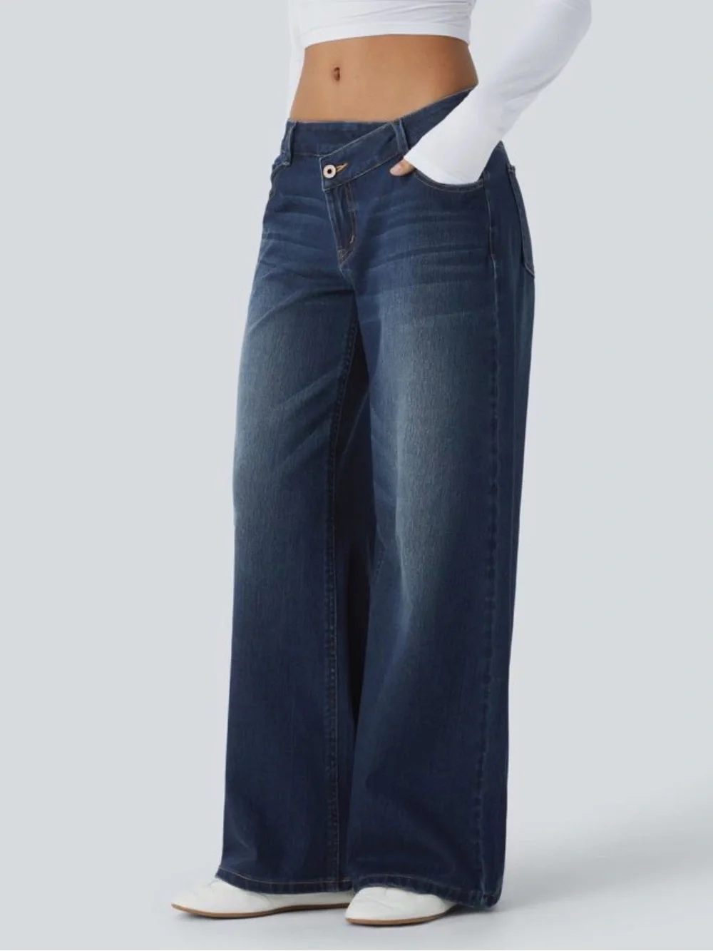 Halara Flex Wide-Leg Asymmetrical Low Rise Baggy Dark Blue Jeans - Size L - Picture 3 of 7